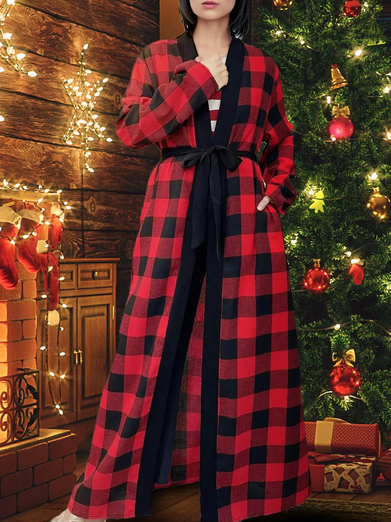 Women's Plaid Print Belted Long Sleeve Abayas , Modest Casual Open Front Long Sleeve Robe for Daily Holiday Vacation Wear, Women's Islamic Clothing for Spring & Fall