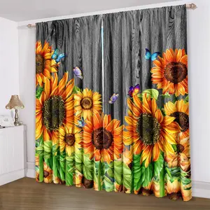 Sunflower Pattern Curtain, 2 Counts/set Modern Style Polyester Machine Washable Rod Pocket Hanging Curtain Rods, Decorative Unlined Valance for Living Room