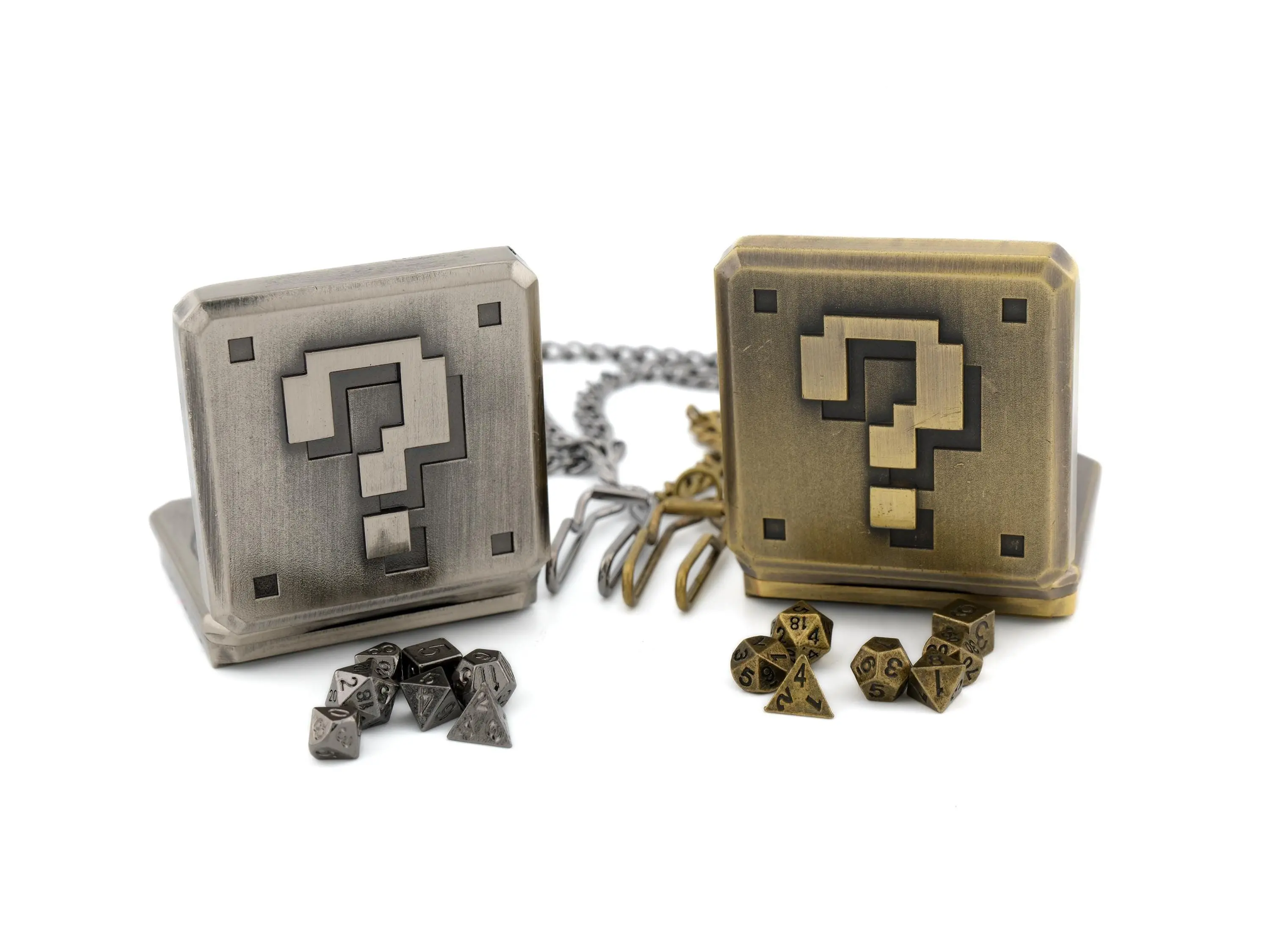 Question Block Mini DnD Dice Set: 7 Piece Metal Locket RPG Dice with D4 D6 D8 D10 D12 D20 & Percentile Die in Black Velvet Bag
