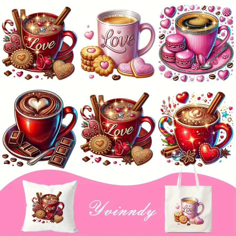 Valentine's Day Coffee Theme Heat Transfer Stickers 6-Piece Set, DIY Crafts Supplies, suitable for DTF heat transfer, UV-resistant, washable heat-sensitive vinyl patches, for decorating clothing, T-shirts, pillows