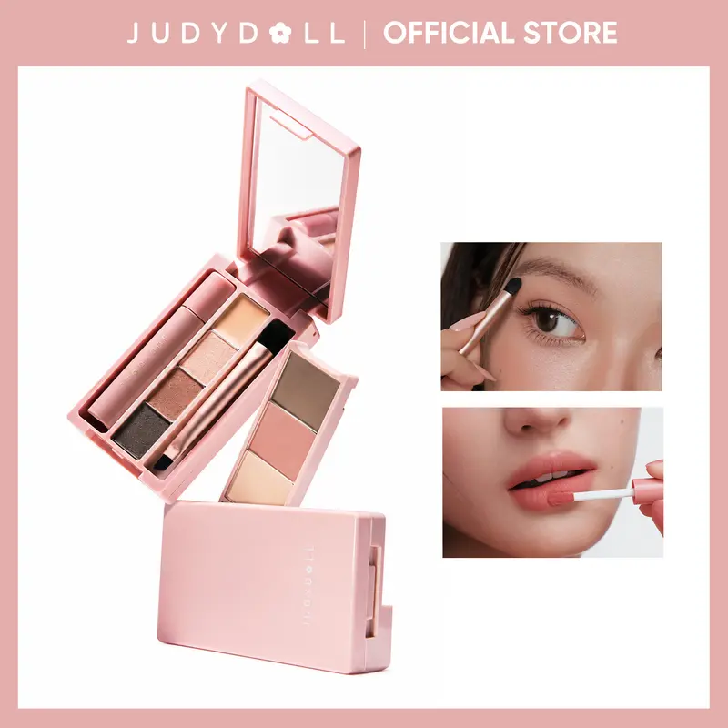 JUDYDOLL Mini Travel Makeup Palette - 7-in-1 Multifunctional Compact with Lipstick, Eyeshadow, Contour, Highlighter, Blush, Brow Powder, Concealer, Clay Formula, Smooth Blendable, Brush-Compatible, Portable, Buildable Natural Finish