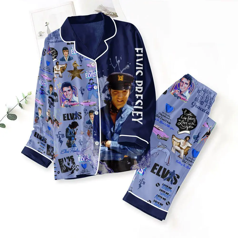 Elvis Presley Pajamas Set, 1950s Rock n Roll Nightwear, Retro Music Lover Gift for Her, Pink Vintage Vinyl Record PJs