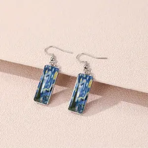 Starry Night Vintage Art Earrings – Handcrafted Rectangular Drop Earrings
