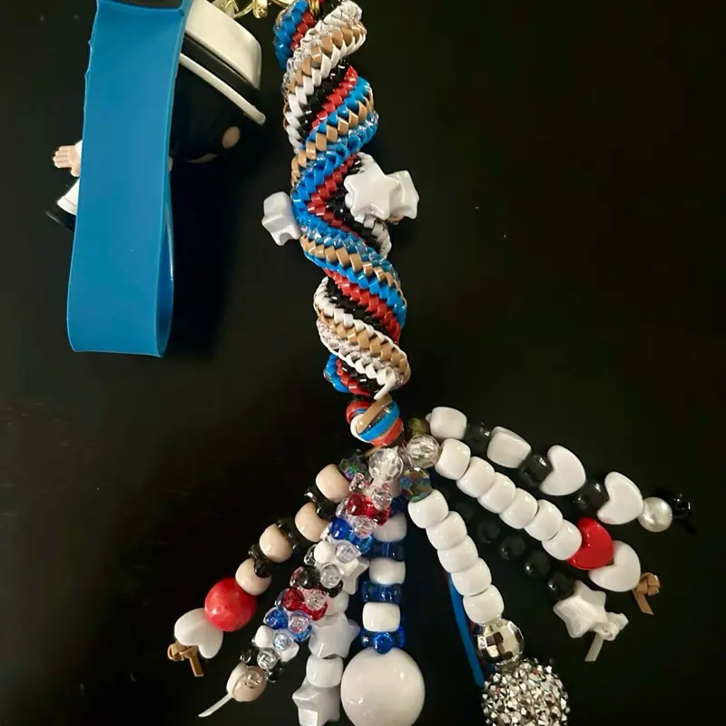 White, Blue, Black Glitter Beaded Boondoggle Bag Charm - Fun Keychains, Keychain Accessories