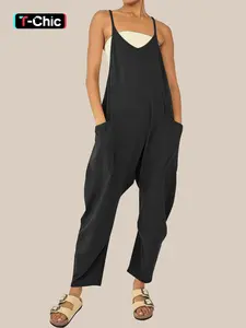 Women's Solid Color Pocket V Neck Overall Jumpsuit without Tube Top, Casual Basic Adjustable Spaghetti Strap Sleeveless Overall Jumpsuit for Summer, Fashion Women's Clothing for Daily Wear, Sleeveless Strap Overalls, Relaxed Fit Overall