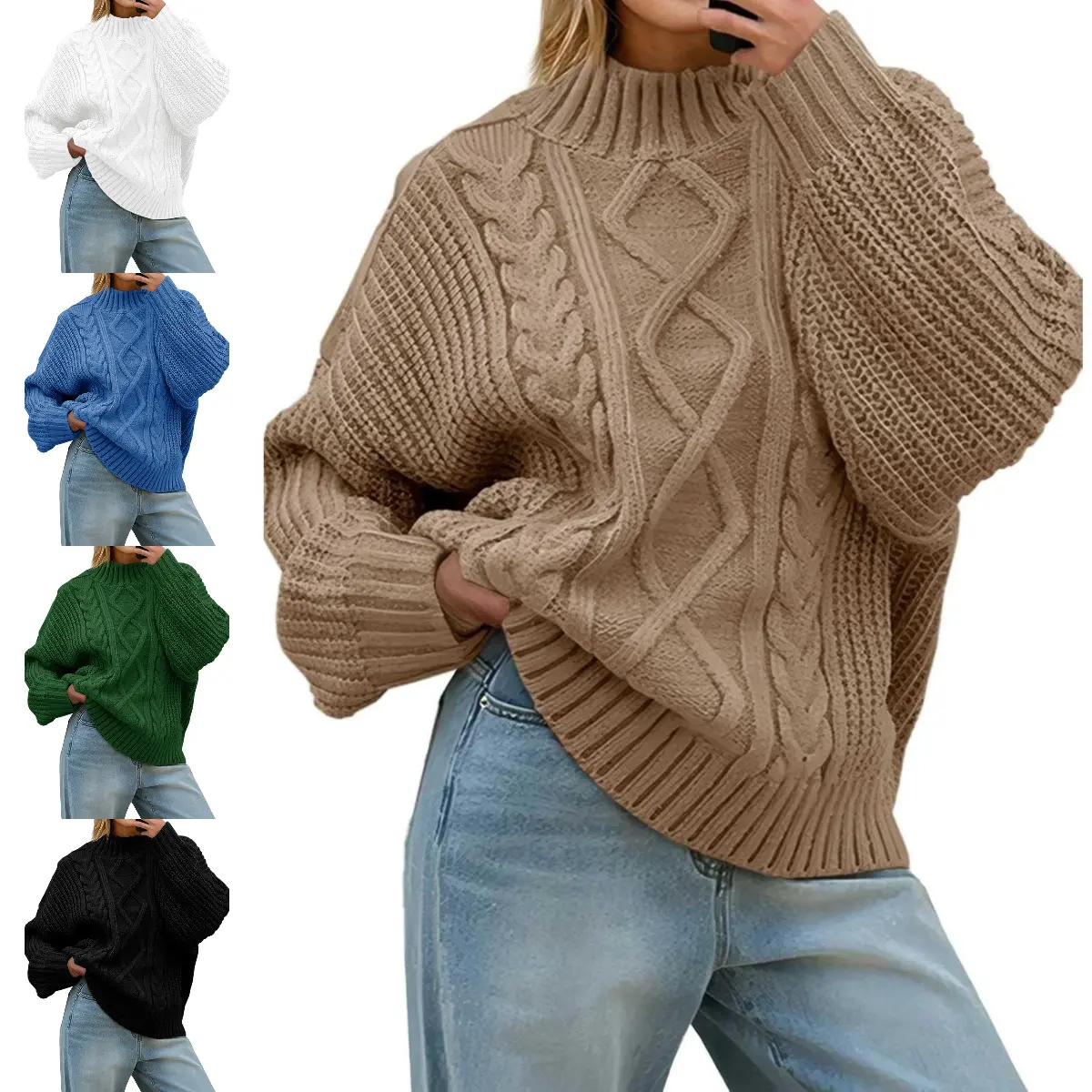 FMEYOA Womens Oversized Cable Knit Sweaters 2025 Fall Winter Trendy Button Up Turtleneck Chunky Pullover Sweater Tops
