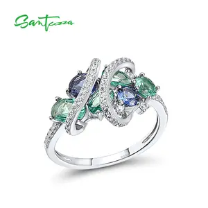 SANTUZZA Created Green And Blue Spinel White Cubic Zirconia 925 Silver Ring For Women Fine Jewelry