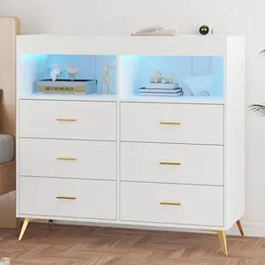 【GARVEE】6 Drawer Dresser and Changing Table with LED Lights, Power Outlet, Wide Chest with Open Storage Shelves, Removable Changing Top, Metal Feet - Nursery Organizer in White or Black