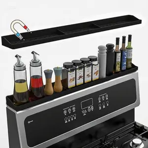 Strong Magnetic Spice Rack Organizer for Stove, Heat Resistant Kitchen Shelf, Over Oven Storage Solution, Black Non-Slip Silicone Holder, Space-Saving Countertop Accessory