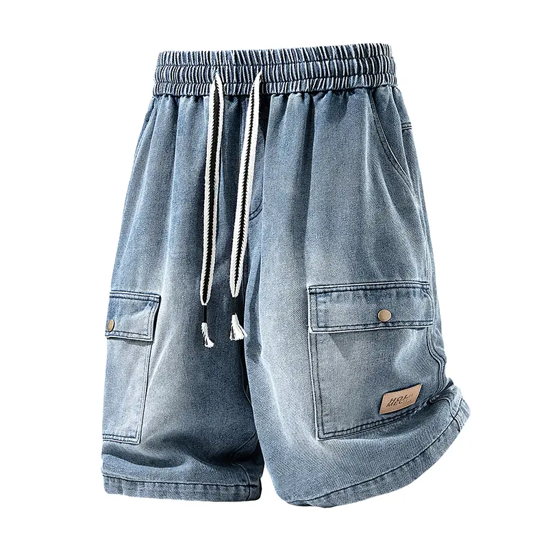 Men's Stylish Denim Cargo Shorts - Menswear, 5-in Inseam, Drawstring Elastic Waist, Multi-Pocket, Loose Fit, Vintage Wash, Straight Cut, Buckle-Accented Versatile Casual Summer Shorts #SummerWins