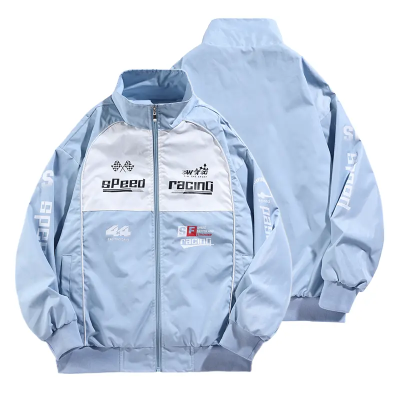 Men’s vintage racing print jacket, loose color-block zip-up windbreaker, sporty street-style outerwear Casual Classic