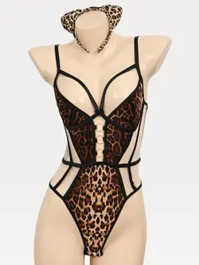 Women's Leopard Print Onesie Costume Set with Cat Ear Headband, Sexy Backless Sleepwear for All Seasons, Fashionable Party