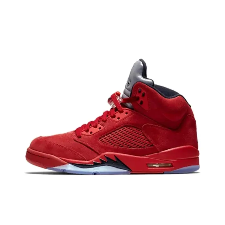High top basketball shoes full red suede gray collar breathable mesh window icy translucent outsole classic shark tooth design shock absorbing midsole unisex bold aesthetic sneakers viral festival look
