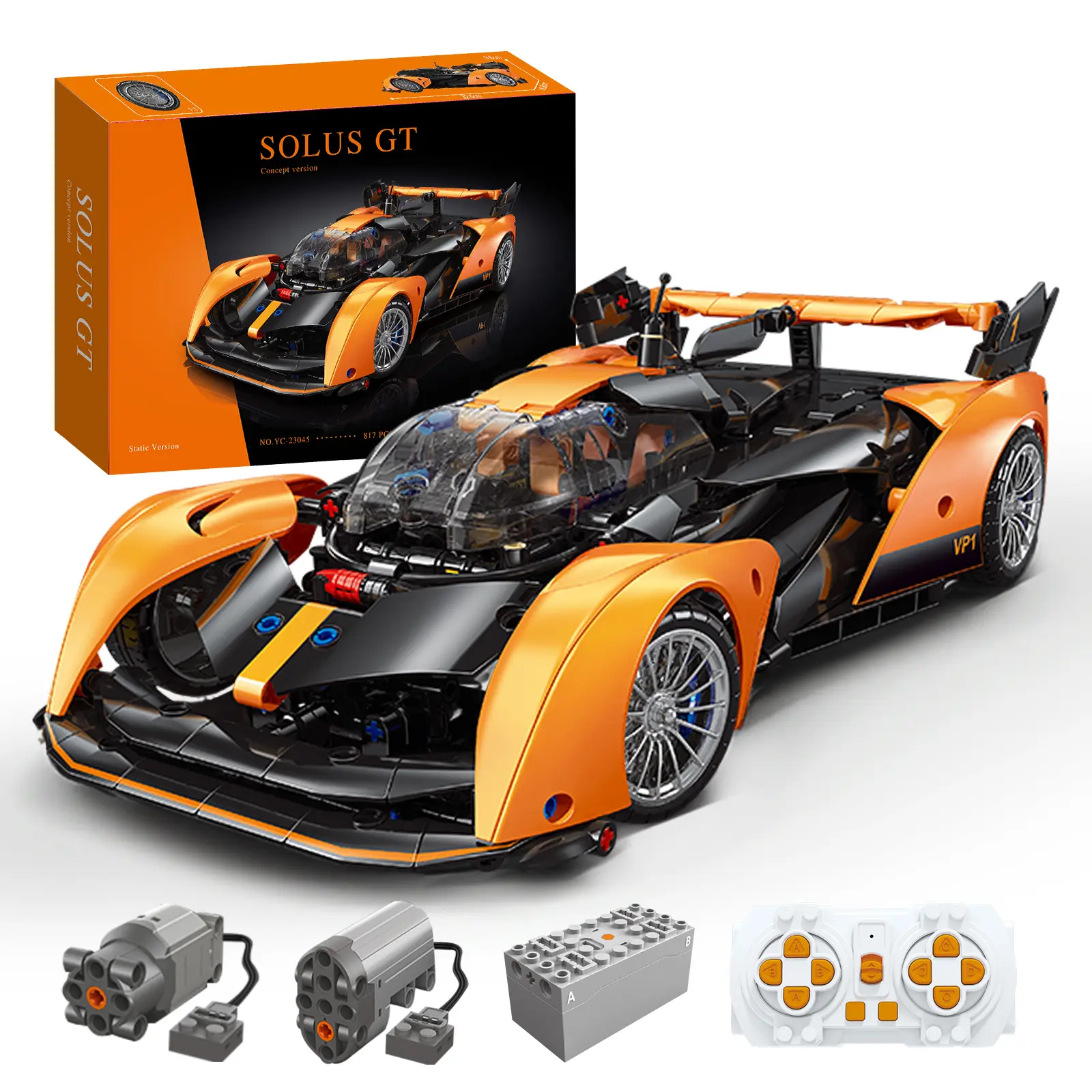 1:14 Scale Solus GT RC Technical Building Toy, Supercar Model Building Kit with Motor, Rechargeable Lithium Battery, 817pcs, Gift for 12 Years Above