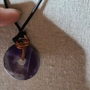 Natural Amethyst Crystal Donut Pendant Wire Wrapped & Cord Necklace
