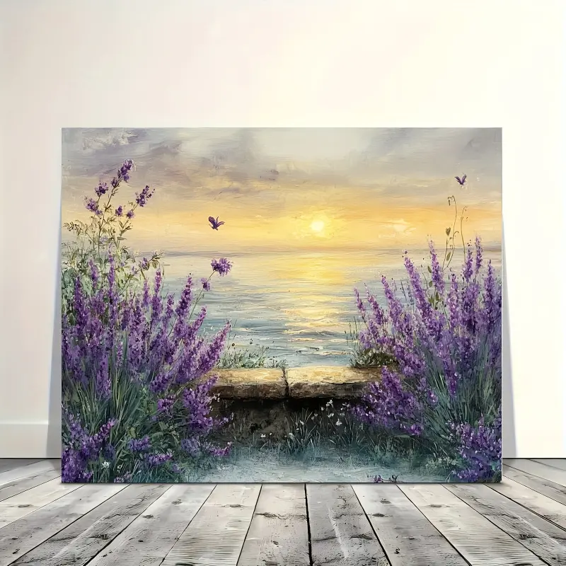 Lavender Sunset Coast Canvas Wall Art with Wooden Frame - Living Room, Bedroom, Office Decoration Hand-painted Floral Landscape Painting - Country Farmhouse Style Indoor/Outdoor Horizontal Wall Decoration, Housewarming Gift, Colorful Home Decor
