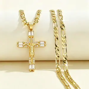 14k Gold Jesus Cross Pendant Necklace Cubic Zirconia,  Women's Men's Religious Accessories, Unique Unisex Copper Chain Jewelry for All Seasons, Perfect Festival Gift