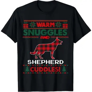 German Shepherd Dog Christmas Pajama Ugly Christmas Sweater T-Shirt, 100% Cotton, Single Side Printed, Black Short Sleeve T-shirt, 1 pc, Christmas Halloween Thanksgiving Gift