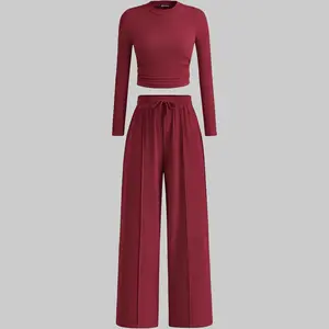 2-Piece Ribbed Knit Long Sleeve Crop Top Wide Leg Pants Matching Lounge Set Loungewear