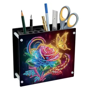 Luminous Rose & Butterfly Pattern Pen Holder, DIY Diamond Art Painting Pen Holder, Desktop Storage Decoration for Home Office