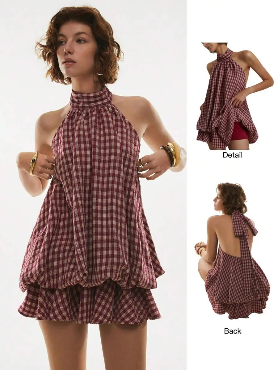 Women's Summer Fashion Plaid Ruffle Hem Halter Backless Mini Dress Checkered Sundress Picnic Vacation Beige Cottage Core Vintage Retro 70s 2000s