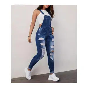 Vintage-Inspired Ripped Distressed Denim Overall Strappy Sleeveless Women’s Slim Skinny Suit Basic Medium Blue Cupro