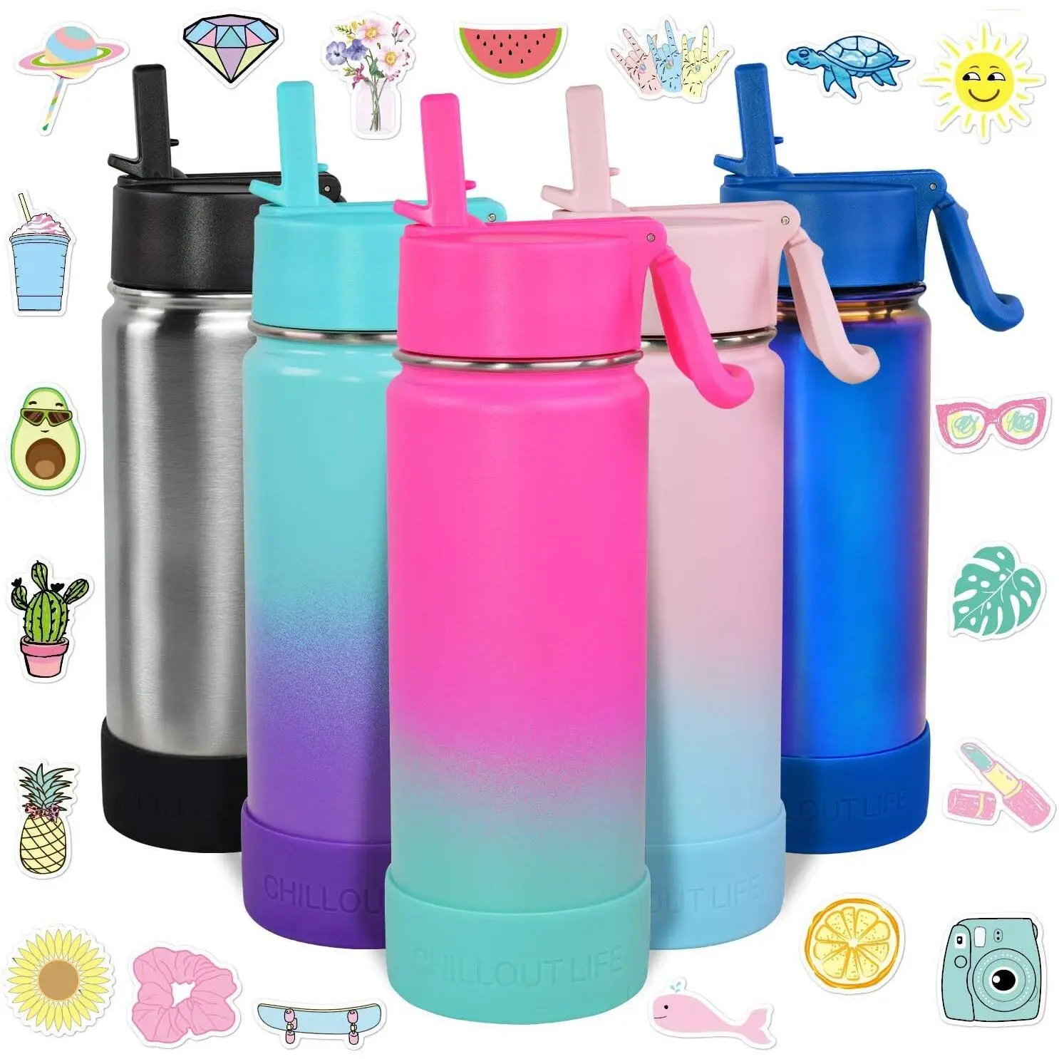 CHILLOUT LIFE 17 oz Kids Insulated Water Bottle for School with Straw Lid Leakproof and Cute Waterproof Stickers, Personalized Stainless Steel Thermos Flask Metal Water Bottle for Girls & Boys