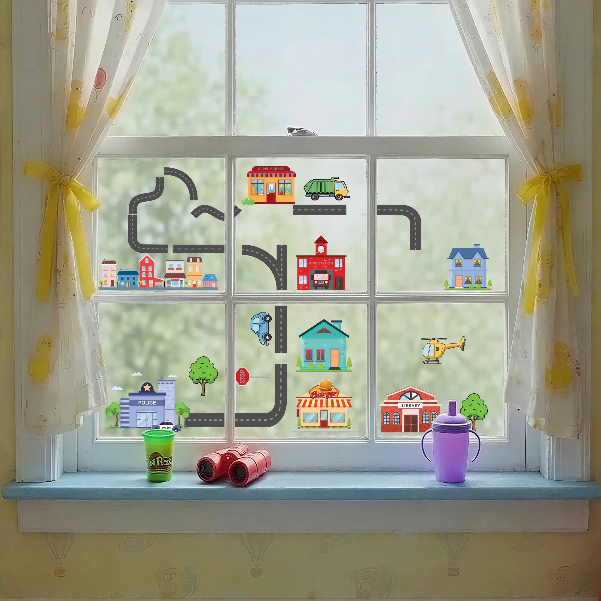 Road & Town Window Cling Set — 35 Piece Build-a-Town Play Set | Reusable Static Clings, USA Made