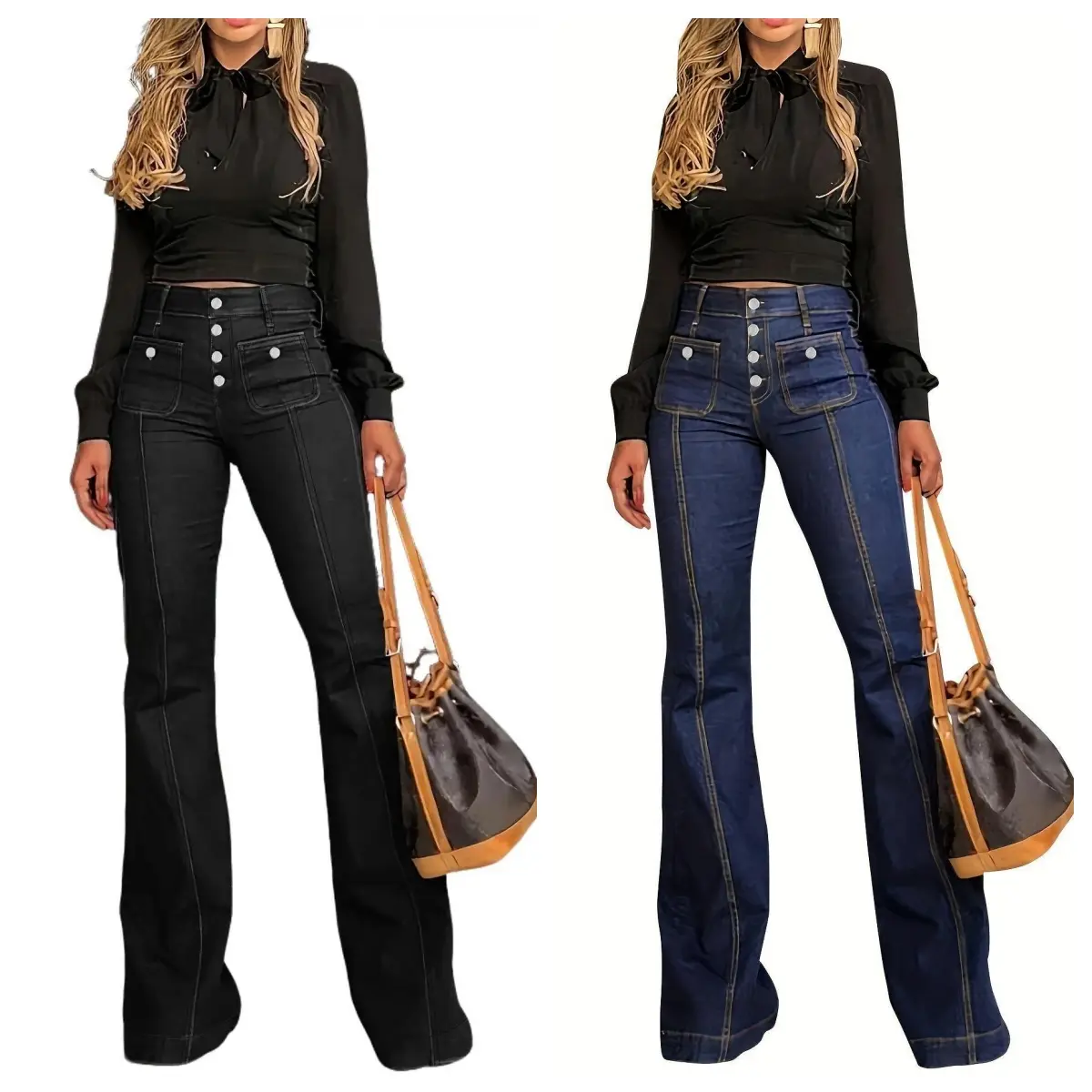DUTUT Women's Plain Button Vertical Bell Bottoms Casual Basic Denim for Daily Wear for All Seasons Womenswear High Rise Stretchy Casual Fashion Jeans