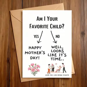 Funny Mother’s Day Card - "Favorite Child" Gag Gift for Mom, Humorous Birthday Card, "Hope You Like Bingo" Joke Card, Blank Inside with Premium Kraft Envelope