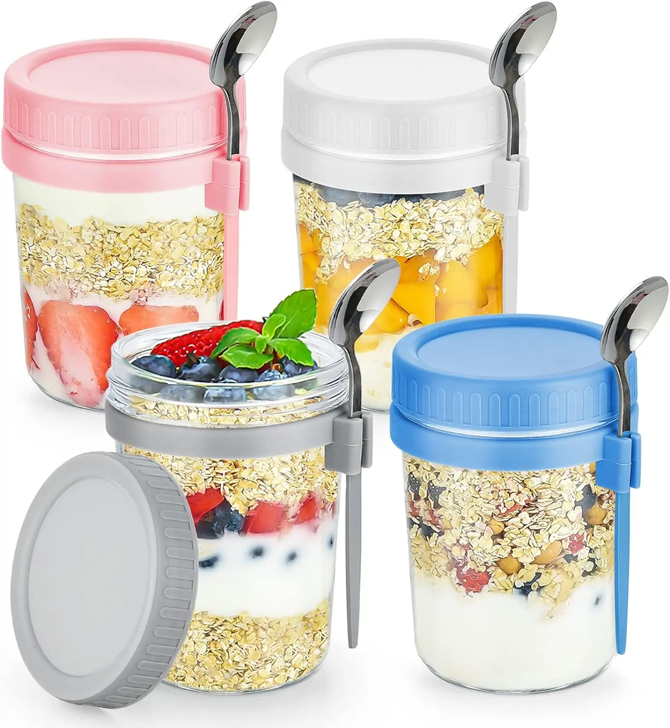 16 oz Airtight Leak-Proof Glass Mason Jars Set (4 Pcs) with Lids and Spoons, Preserving Containers for Overnight Oats, Cereal, Kitchen Utensils, Airtight Glass Containers