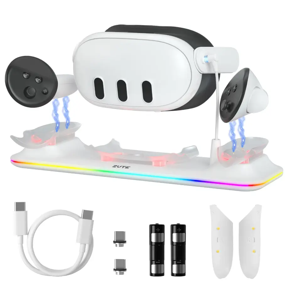RGB Charging Dock for Mate Quest 3, Magnetic Charging Station for Quest 3 VR Headset & Controllers, with 2 Rechargeable Batteries