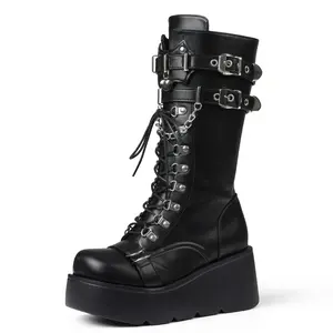 Gothic Chunky Wedge Heel Lace Up Mid Calf Punk Motorcycle Boots for Women Black Platform Combat Shoes Edgy Fashion