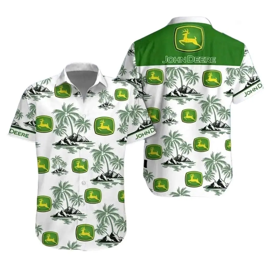 Vintage John Deere IH Classic Logo Tropical Fern Men's Hawaiian Shirt and Short Set Light Beer Lovers Swim Trunks, Father's Day Aloha Gift for Him, Trendy Casual Breathable Surfing Beach Shorts Swimwear Menswear