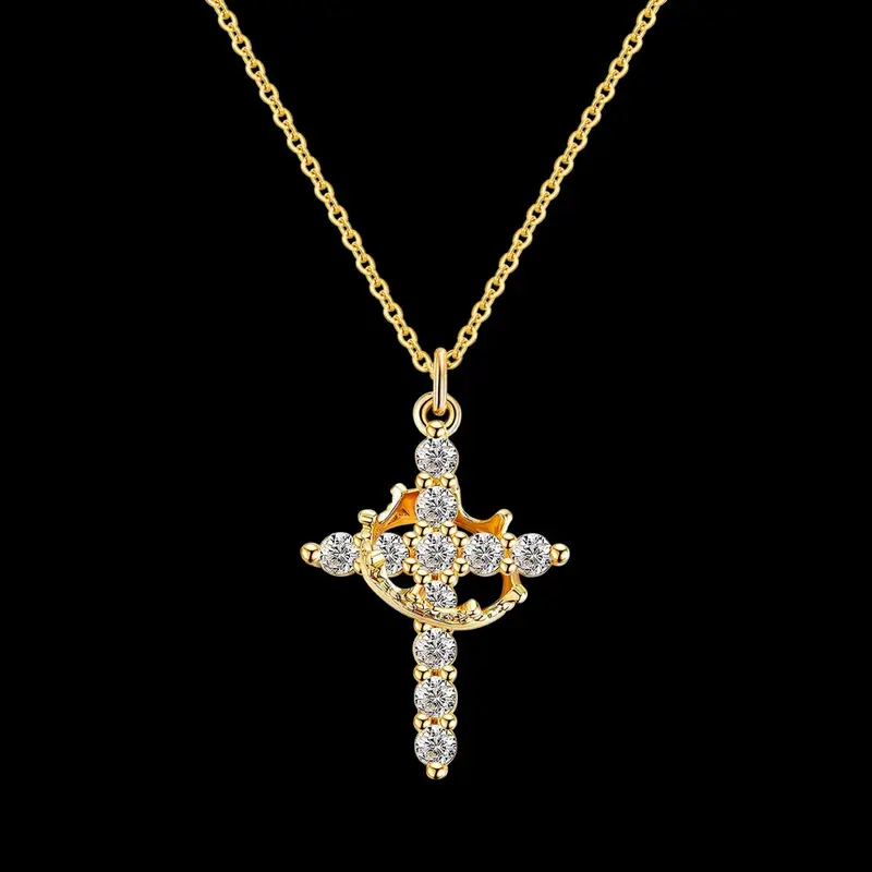 Crown & Cross Design Pendant Necklace for Women & Girls, Fashion Rhinestone Decor Jewelry for Party, Daily Decor, Trendy All-match & Exquisite Jewelry for Birthday Gift with/without Box
