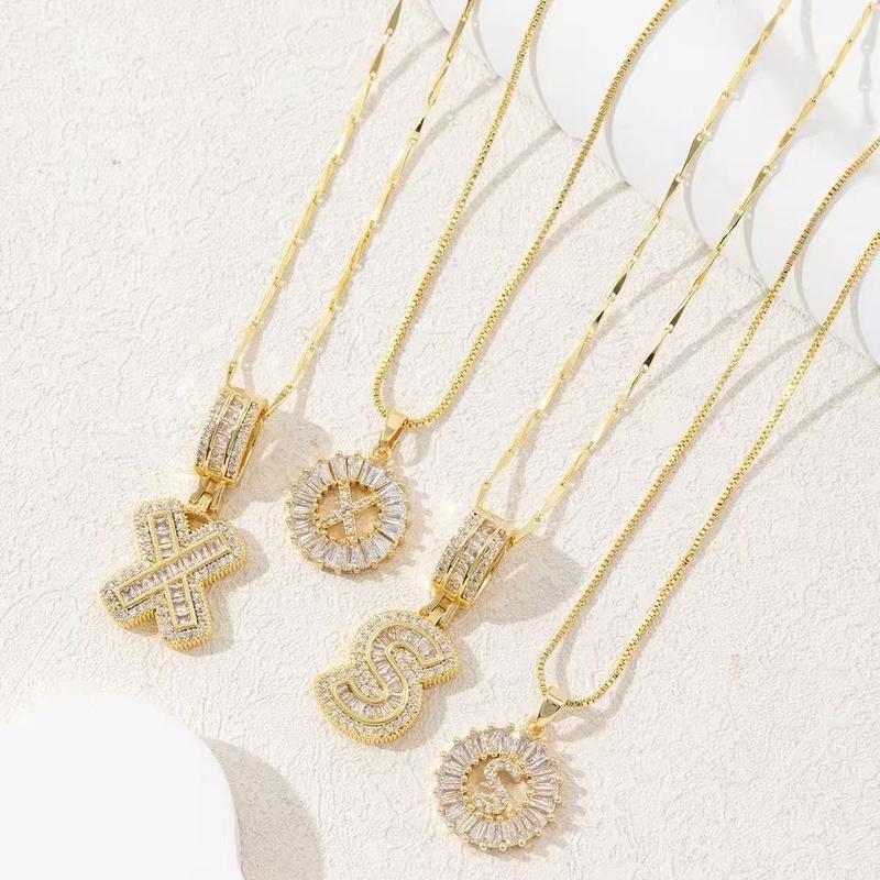 Bestselling Full-Zircon "Sugar Loaf" 26-Letter Copper-Zircon Inlaid Gold-Plated Circular Flower Women's Pendant Necklace Exquisite Chain Jewelry