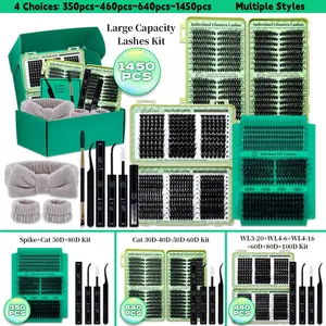 1450/640/460/350 PCS D Curl Lash Clusters Kit, 11 Styles Cat Volume Spikes and 3D Effect Lashes Eyelash Extensions with Bond and Seal Remover Applicator Headband and Wristband, Suitbale for Easy DIY Makeup at Home