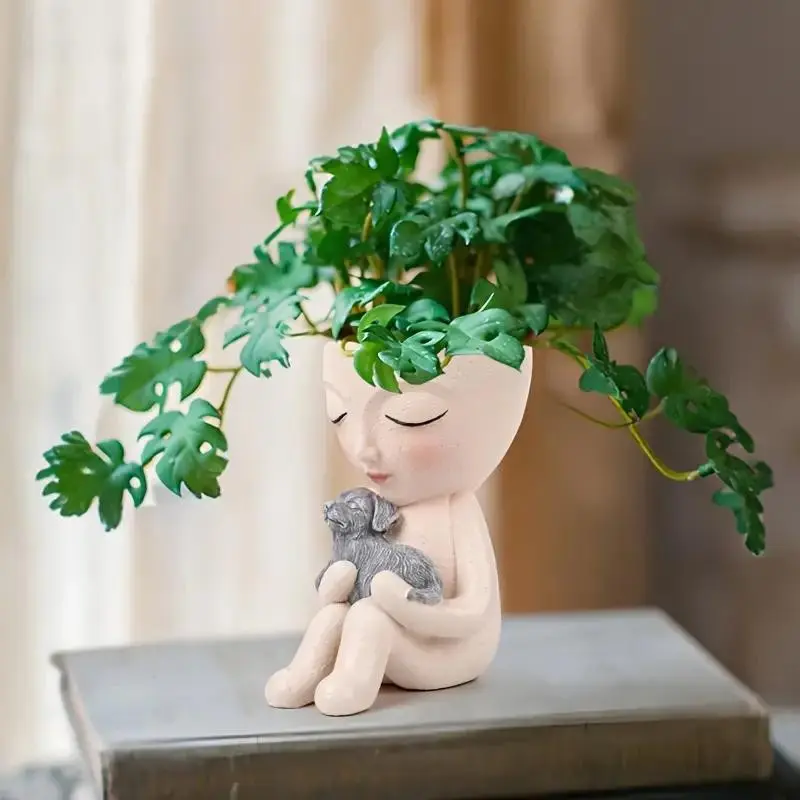 Fun Resin Girl and Dog Planter, Artistic Succulent Pot, Shy Girl Hugging Puppy Design, Round Indoor/outdoor Flower Pot, Home Garden Decor