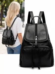Simple solid color black backpack with multiple zippers and side pockets, suitable for daily work and lightweight casual backpack