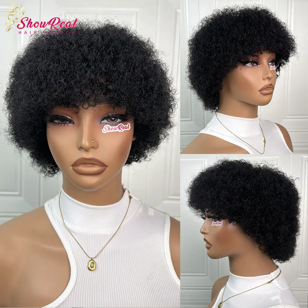 ShowReal Short Curly Pixie Cut Human Hair Wig With Bangs  display picture 1