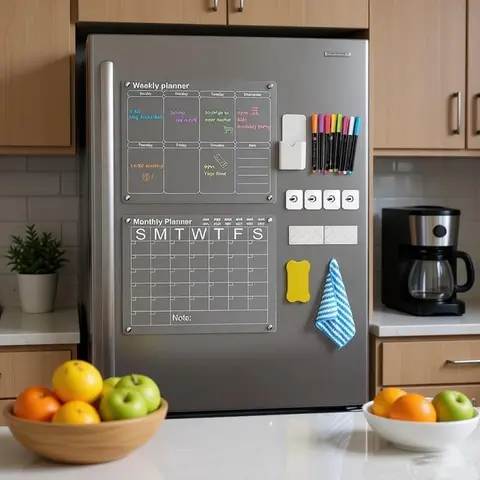 Magnetic Acrylic Fridge Calendar Set, 16 x 12 in Monthly & Weekly Dry Erase Planners with 8 Markers, Optional Note Board Bundle