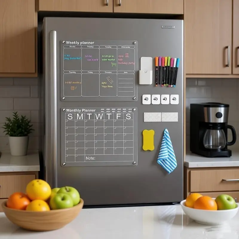 Nw 2Lbs 2Pcs 16"x12" Magnetic Fridge Calendar With 8 Markers, Wall Hanging Calendars for Weekly Monthly Plan Decor acrylic magnetic Productivity Planner Office Organizer