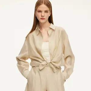 Tencel Acetate Linen Blend Women Sheer Oversized Shirt & Camisole Two-Piece Set