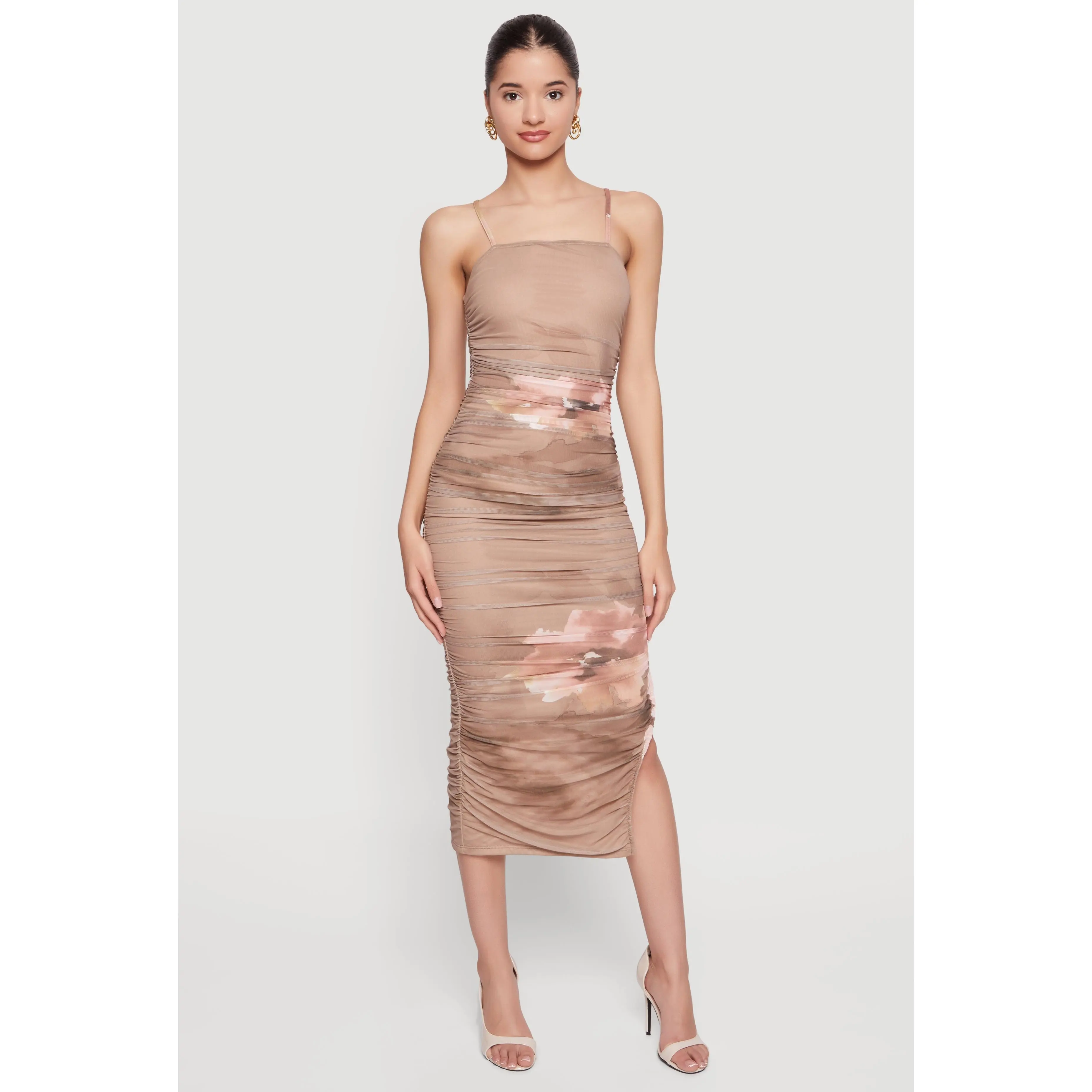 Printed Ruched Square Neck Cami Dress with Side Slit