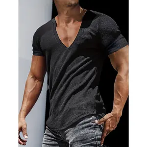 Men's Textured Striped Fabric Deep V-Neck Sexy Short Sleeve Henley Shirt