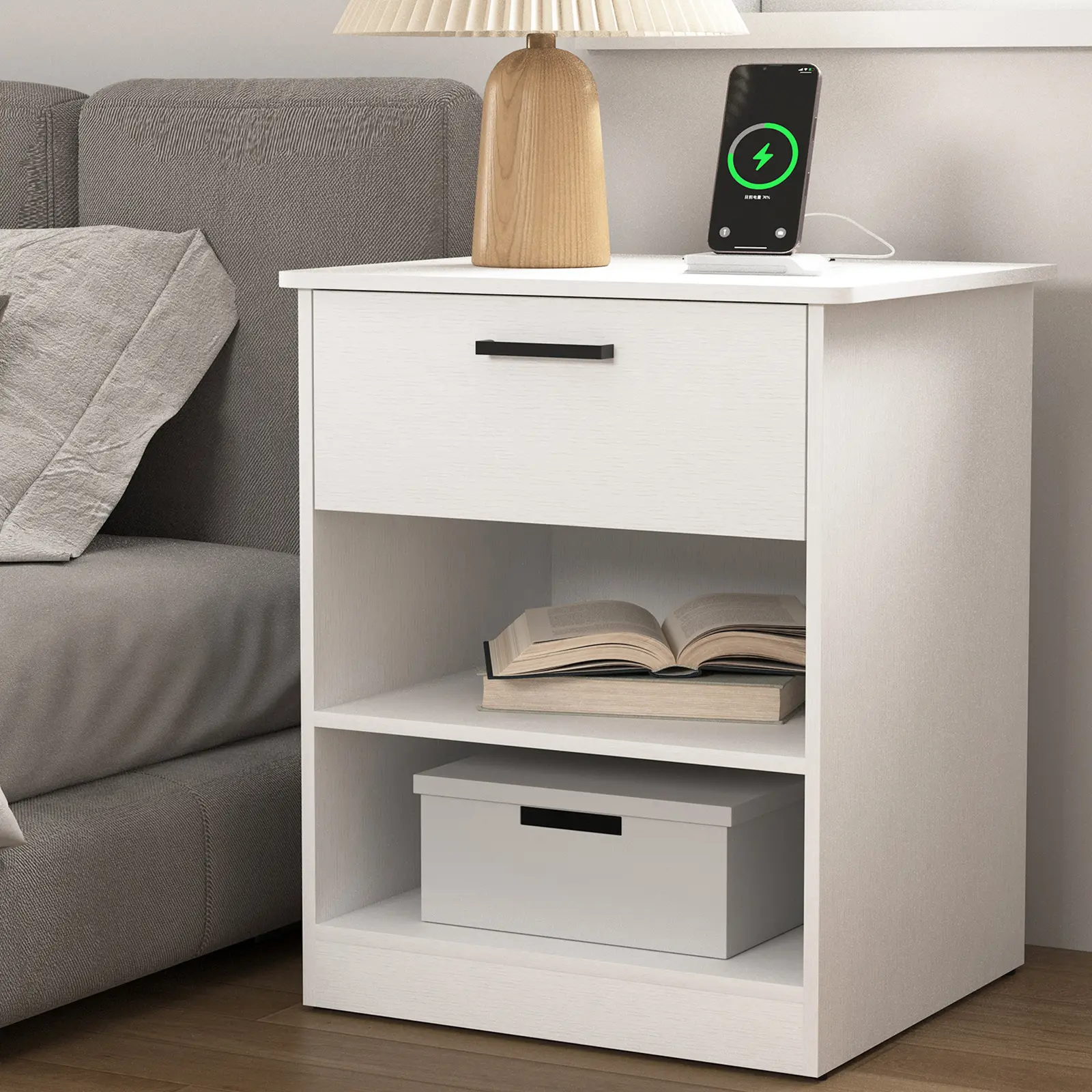 Spaco Classic Modern Wooden Nightstand - Assembled Large Rectangular Bedside Table with Drawers, 2 Open Shelves, Dual Device Charging Ports, Cable Management System, Wood Accent Table for Home Decor