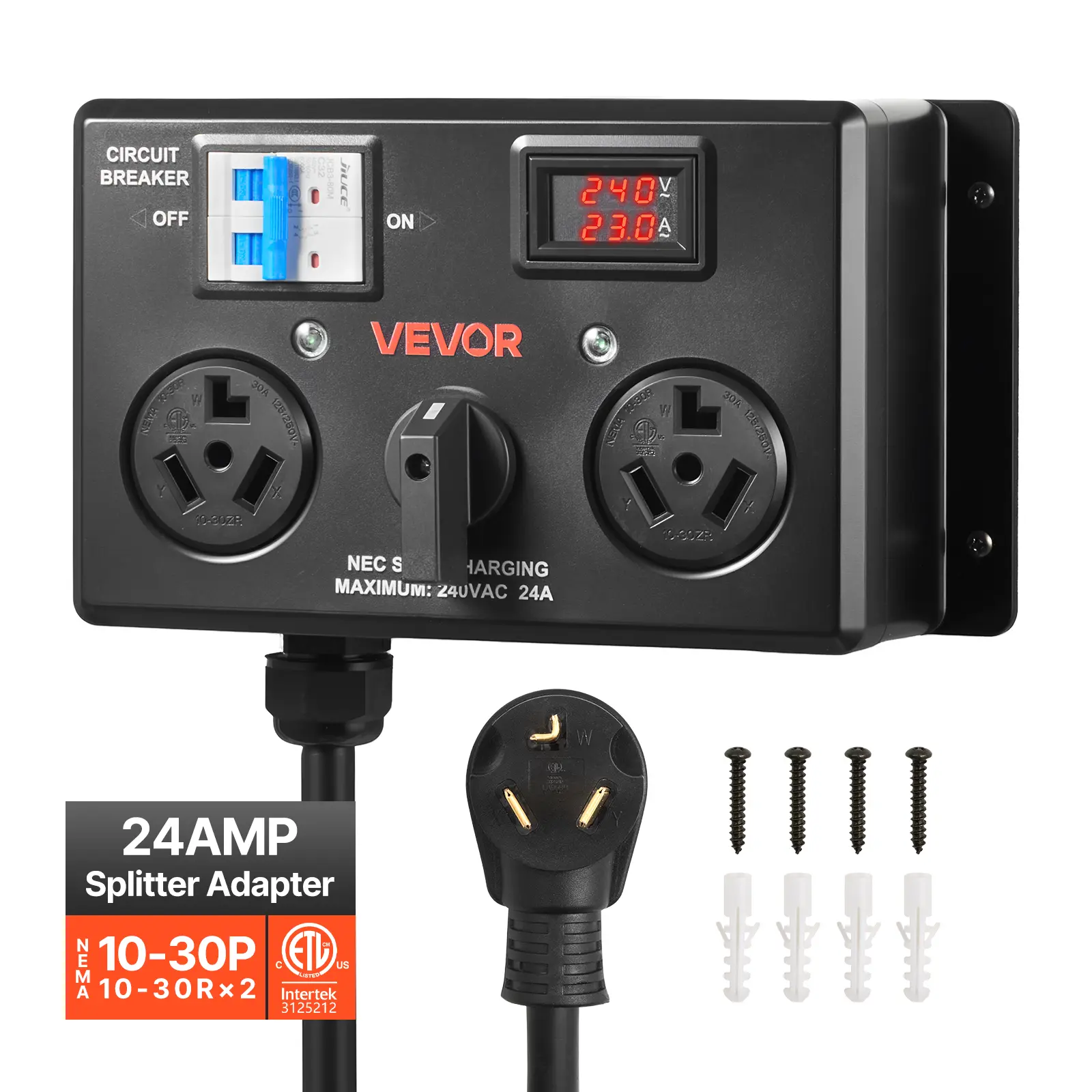 VEVOR Manual NEMA 10-30 EV Charging & Dryer Splitter Switch, 24A Max 240V AC Power Distributor with Circuit Breaker, LCD Screen, Flame-Retardant, Level 2 Charging, Hand-Operated Selector, Plug-and-Play, ETL Listed