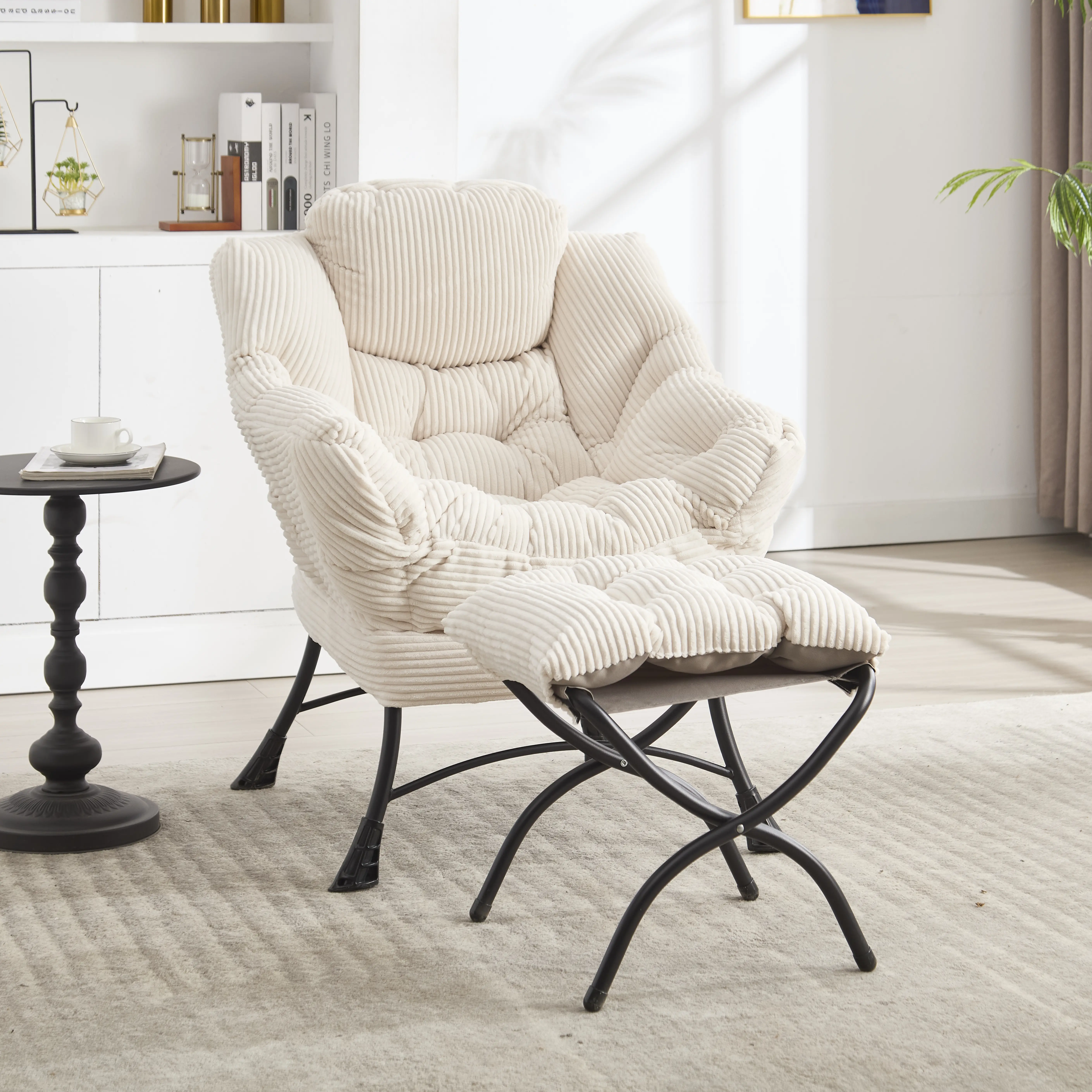 Lazy Chair with Ottoman, Modern Lounge Accent Chair with Armrests and a Side Pocket, Leisure Upholstered Sofa Chair Reading Chair with Footrest for Small Space, Corner Chair-Light green