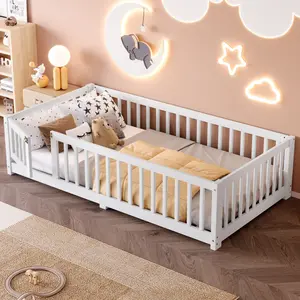 Twin/Full/Queen Size Floor Bed with Safety Guardrails and Door, Montessori Floor Bed with Slats and Fence,Solid Wood Frame