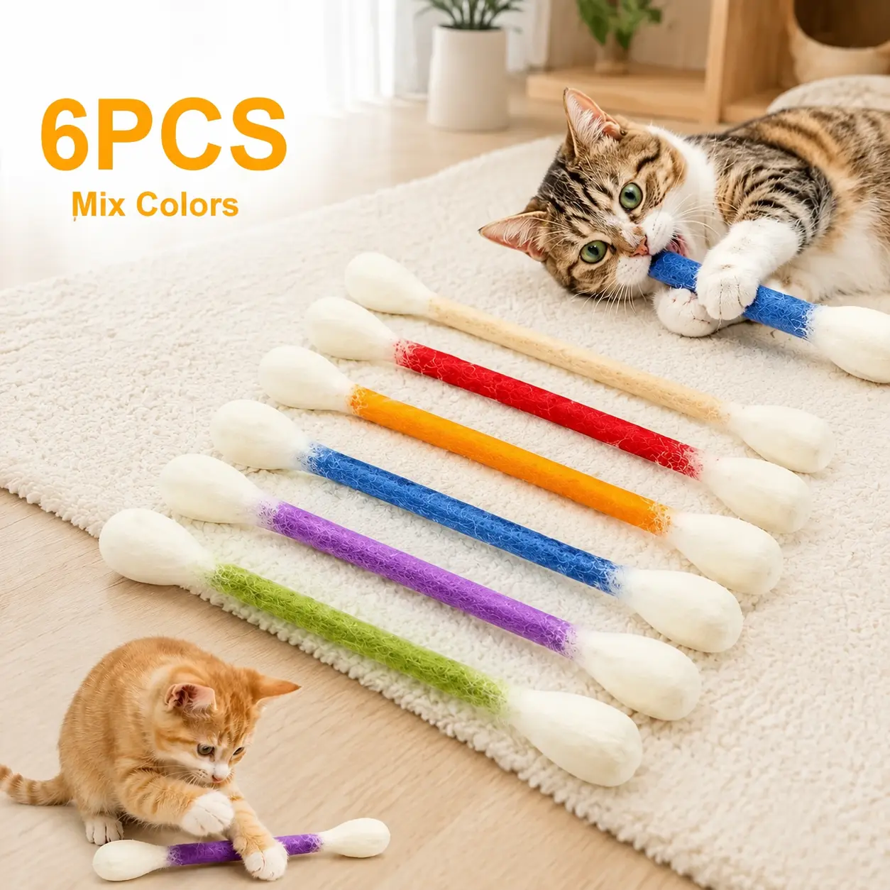 6-Pack Giant Q-Tip Shaped Cat Toys, Soft Felt Cotton Swab Teething Sticks, Durable Interactive Indoor Kitten Chew Accessories for Anxiety Relief, Dental Cleaning & Daily Entertainment Gifts